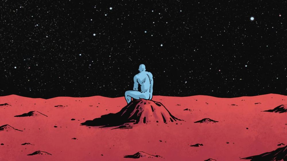 Doctor Manhattan from watchmen staring into the distance from behind