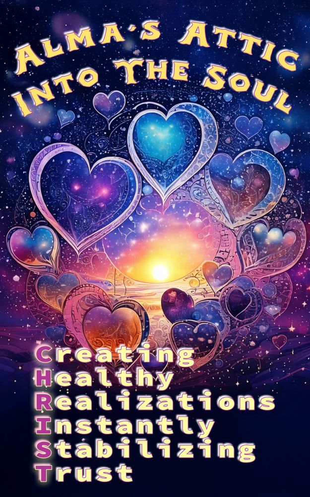 A book cover for "Alma's Attic into the Soul." The tagline for the book is am acrostic sharing:

Creating
Healthy
Realizations
Instantly
Stabilizing
Trust

The art behind the text is that of Cosmo's beautiful energy, full of love and light, and has a touch of outerspace to the theme of the picture.

The book is a compilation of my blogging journey from December 2013 through February 2015. All of those posts have been updated through the years, with the very least being a modern reflection from 2021-2023 (as I compiled the blog posts into the book).

Throughout the tragedies of living our family endured (homelessness, starvation, insanity, and inhumane living conditions), I maintained a fervent faith in love and how it would always be a saving grace 

That trust in love's salvation carried me from the worst of times to the very best this life has to offer. And for that, I would love to share my writings with the world. 

If you're interested, please let me know and I cam forward you (for free) the PDF version of my book.