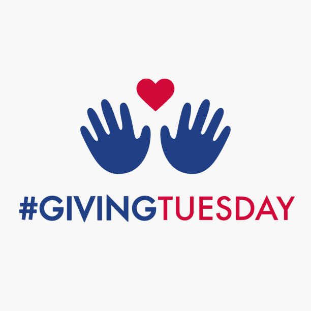 A graphic depiction of Giving Tuesday, with two blue hands supporting a red heart on a plain white background. Couldn't find a Giving Tuesday graphic with a rainbow!
