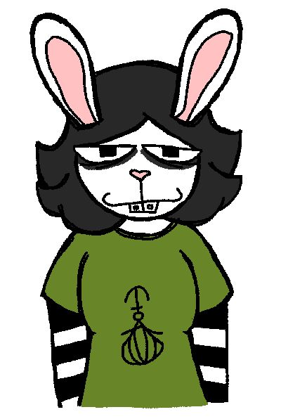 rabbit girl with disheveled dark gray hair, a green modest mouse t-shirt over a striped longsleeve, and a really stupid bracey smile. she has way too much eyeliner on