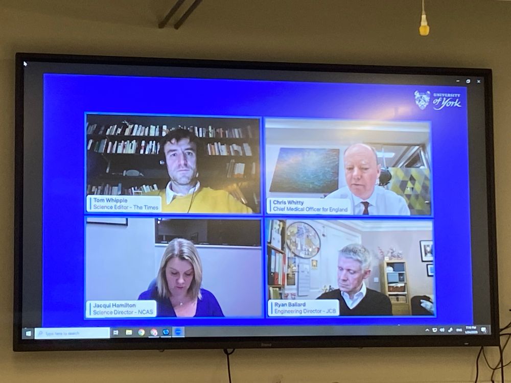 A four-way screen showing Tom Whipple, Science Editor of the Times on top left, Chris Whitty on top right, Jacqui Hamilton on bottom left and Ryan Ballard on bottom right. 