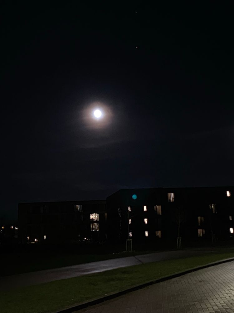 Full moon over Heslington East campus. Mars is a bright red star next to moon. 