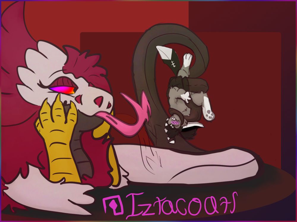Iztacoatl, a giant serpent, has Umbriel, and Avali, dangling upside down coiled up in her tail. She's idly flickering her tongue while inspecting the short bird, who's certainly enjoying the tight spot.