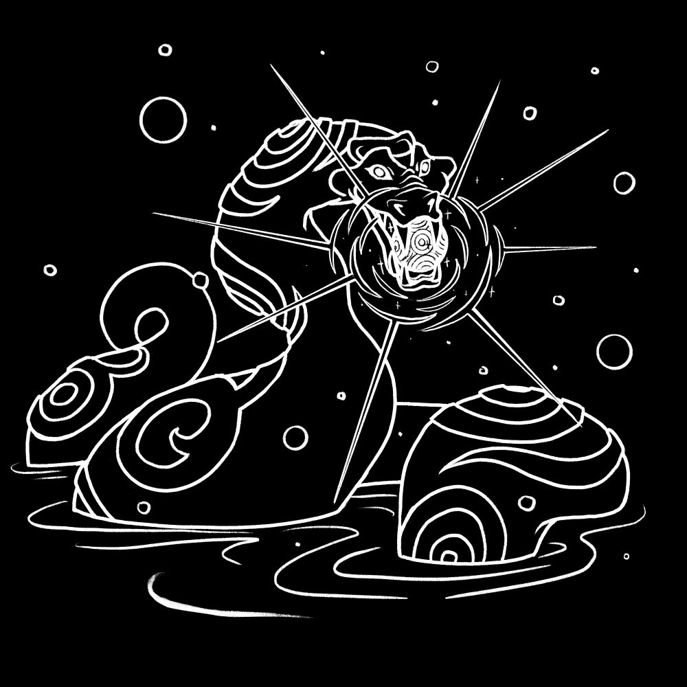 A white on black illustration of the Snake spirit Lanayru from Twilight Princess holding their ball of light.