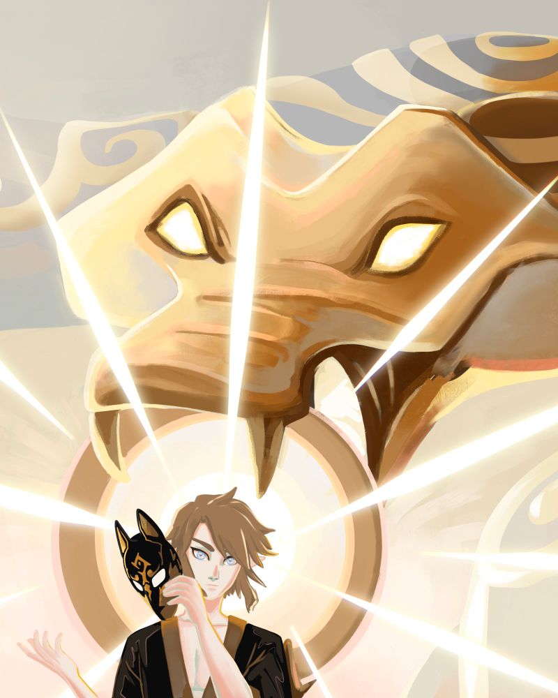 A digital painted fanart for the Year of the Snake featuring Twilight Princess's Link and Light Spirit Lanayru, zoomed in on the head of the giant snake.