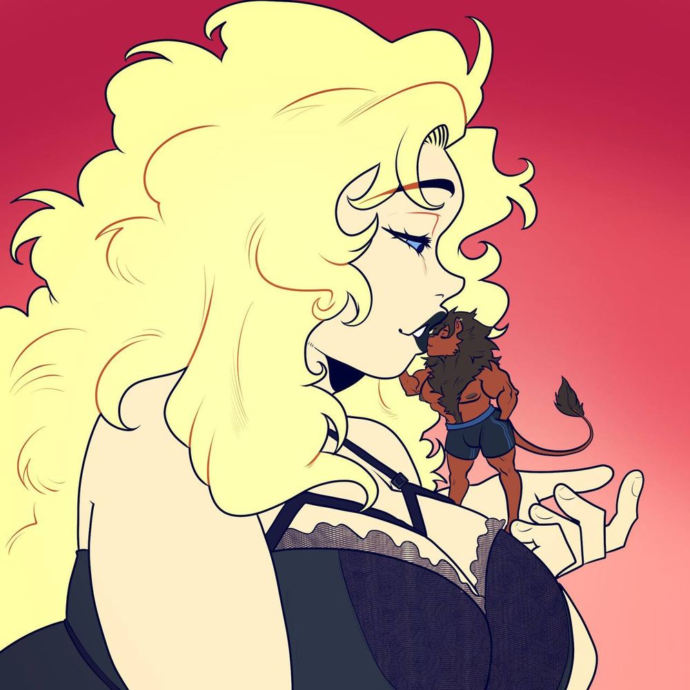 A humanoid giantess with fair skin, blonde hair, blue eyes, and black lips is holding a friend in her hand and giving him a friendly kiss as he kisses her back. She is wearing lacy black lingerie. 

The figure standing in her palm is an anthro lion with brown hair and a black mane wearing dark blue gym shorts. 