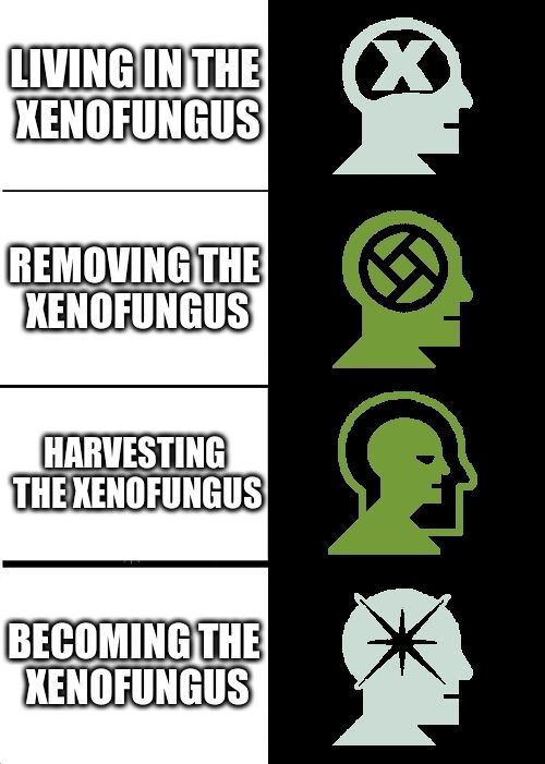 Expanding brain meme for SMAC:

Living in the xenofungus
Removing the xenofungus
Harvesting the xenofungus
Becoming the xenofungus