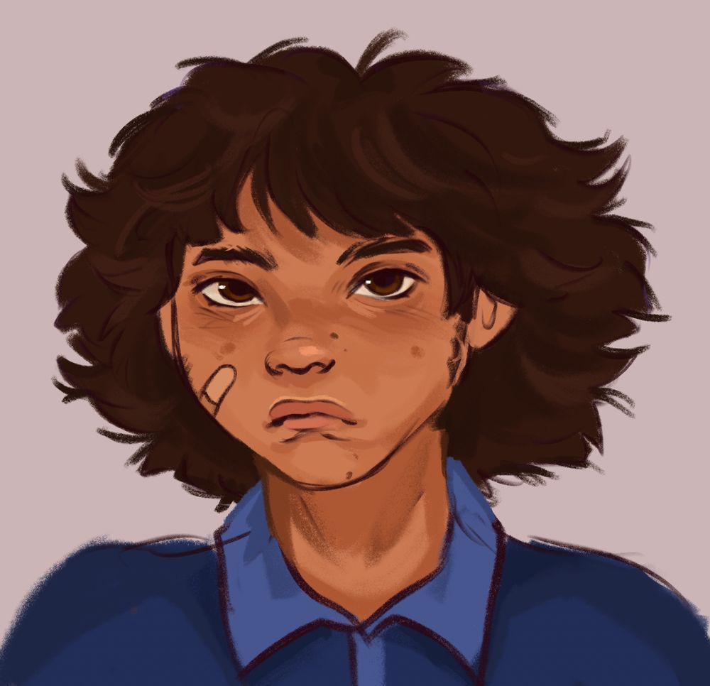 A digital illustration bust of Gregory from fnaf. He is depicted as Filipino in the drawing with monolids, tan skin, and brown eyes. 