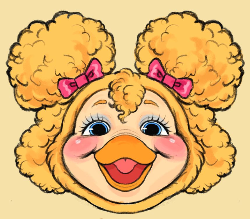 Toy chica, stylized as a rushton doll. She has bright pink cheeks, blue eyeshadow, and curly blonde hair. It’s tied up in two Afro puffs with bright pink bows. 