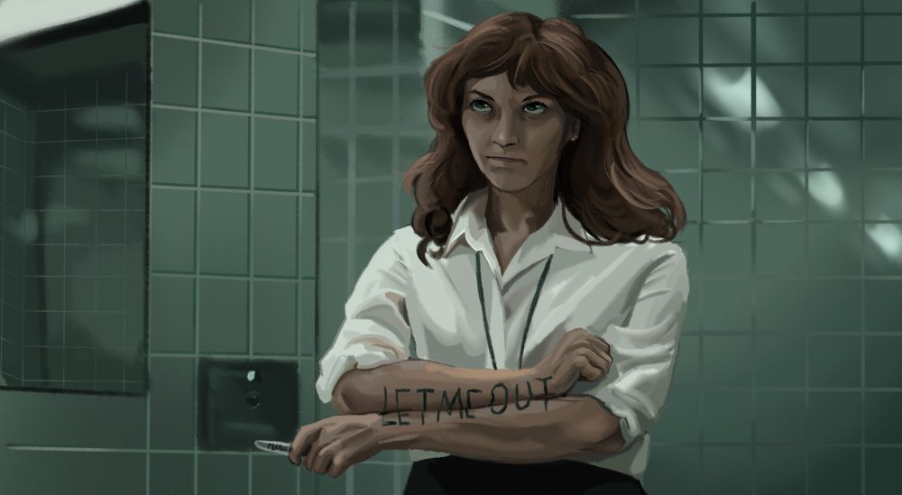 A digital painting of a screencap from severance. It features Helly in a poorly lit bathroom, with her arms crossed to reveal she has written “LET ME OUT” in sharpie on her arms. 
