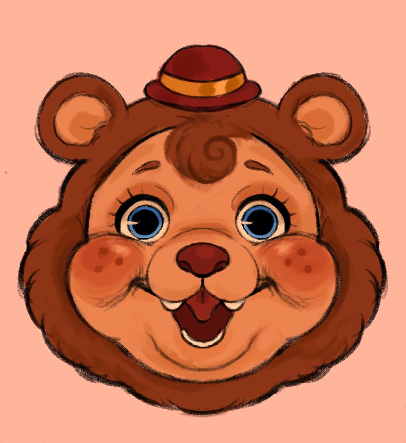 Toy Freddy, stylized as a rushton doll. He has a tiny red bowler hat with a golden trim, big reddish brown cheeks with 3 freckles on either side, and a reddish brown nose. 