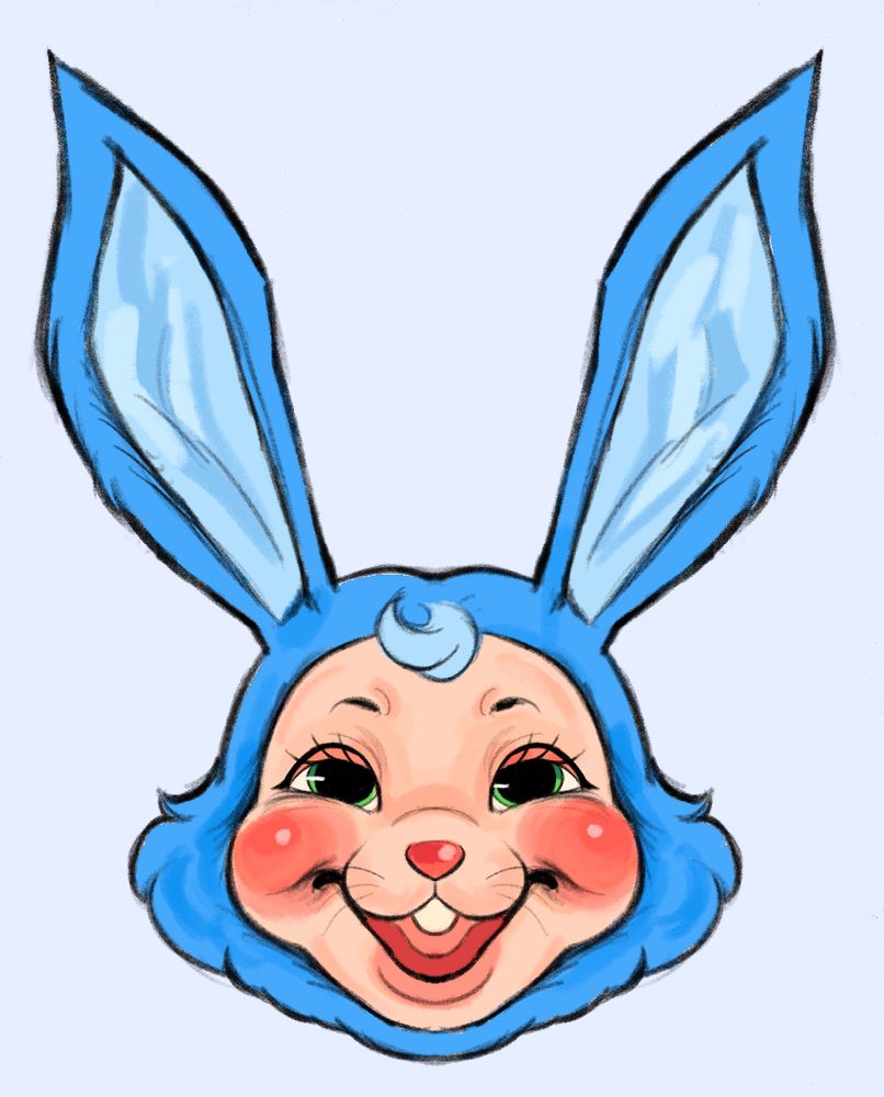 Toy Bonnie, stylized as a rushton doll. He has bright red cheeks, a small red nose, and a pink bottom lip. 