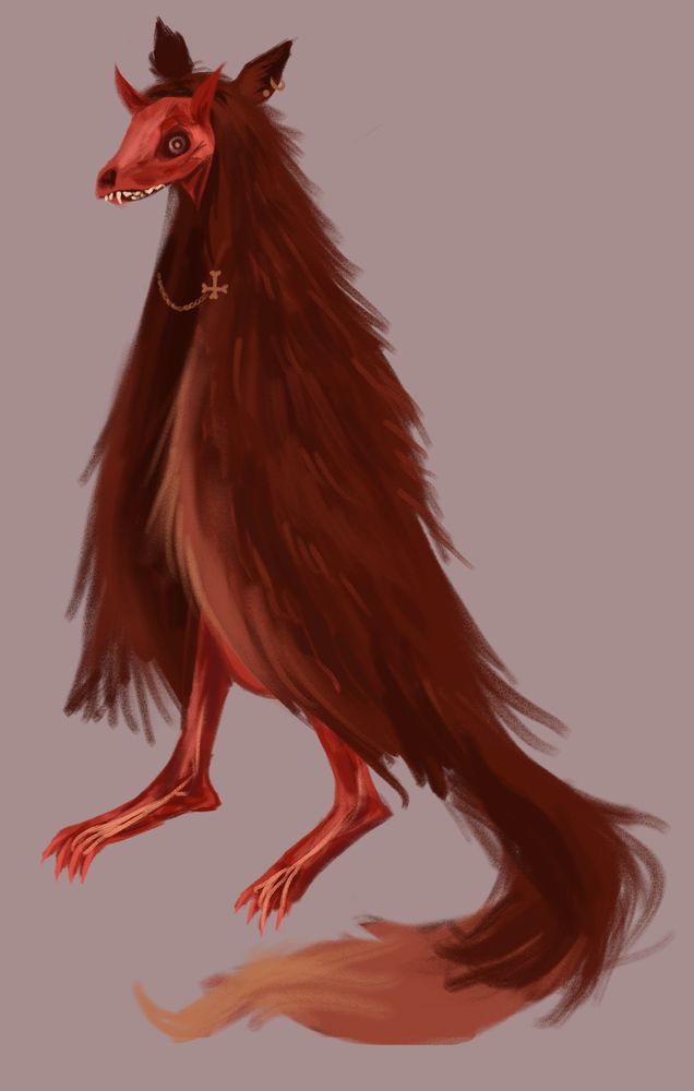 Old man consequences, who is a skinned fox standing upright, wearing his own pelt as a cape. He has horns protruding from his head, and gold earrings on the fox part of the pelt.