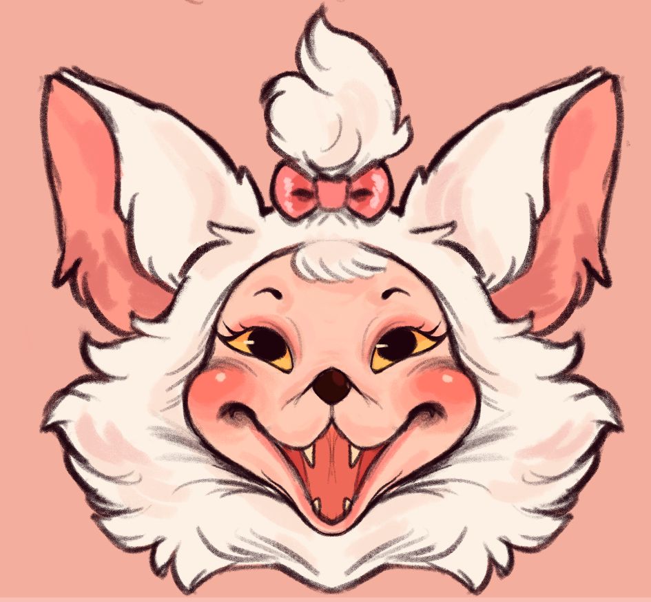 Toy foxy, stylized as a rushton doll. It has bright reddish pink cheeks, pure yellow eyes with big black pupils, pink eyeshadow, a small dark nose, and hair done up tied with a salmon pink bow. She has big ears much like a fennec fox. 