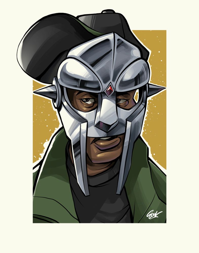 A stylized portrait of the late rapper/producer MF DOOM. All caps when you spell the man’s name.
