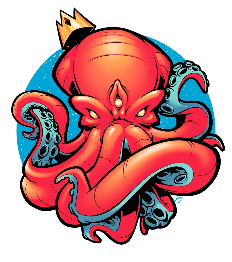 A salmon colored octopus with a turquoise underbelly wearing a gold crown on a blue background.