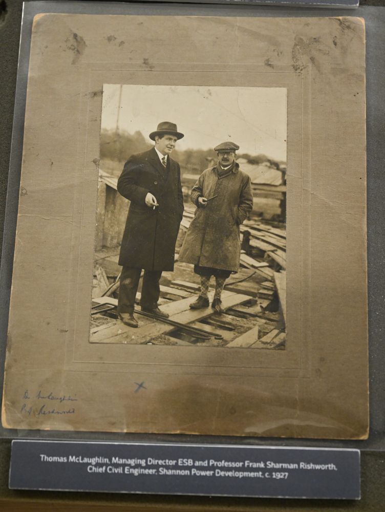 Thomas McLaughlin (ESB; former student of Civil Engineering at UCG (University of Galway) and Professor Frank Sharman Rishworth, Prof of Civil Engineering, UCG 1910-1946; 1925-1930: seconded to be the Chief Engineer on the Shannon Scheme; oversaw this major engineering project by Siemens-Schuckert on behalf of the Irish government. Source:  ESB archive as on display for CIGS conference in Glucksman Library, UL; photographed by MO'C, 205-07-04