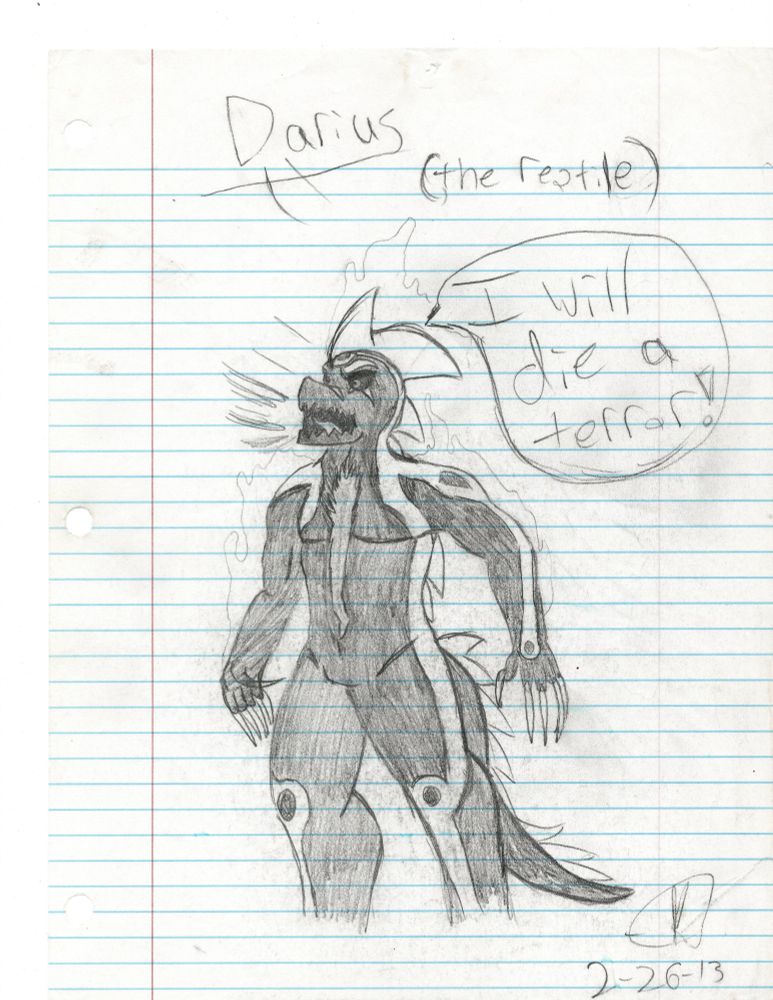 A traditional drawing of a lizard fursona, or scaly. He is named Darius and he is covered in a body tattoo that runs from his head, down his arms and legs. They are in the shape of stripes, but they have holes in specific areas. He is yelling, "I will die a terror!" and emanating a foul aura.