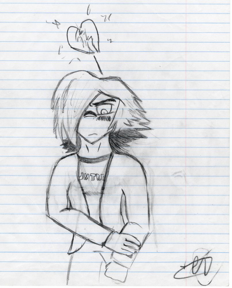 A pencil drawing on lined paper of a horse fursona named Perry holding his arm, looking downward in shameful contemplation. He feels forlorn, as displayed above his head by a splitting heart.