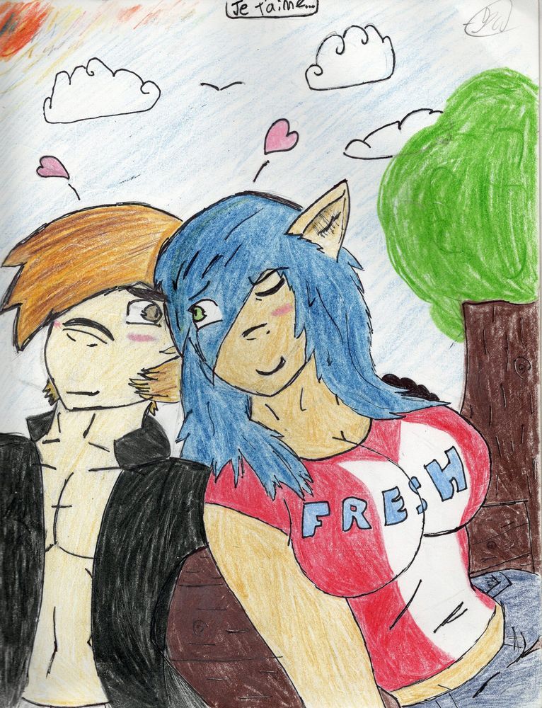 A colored portrait of two horse fursonas, made with ink pens and pencils on paper. They are at a park, sitting shoulder to shoulder on a bench next to a tree. On the left is Percival Blueheart, with blonde hair and a chevron stripe on his snout. He is gazing into the other horse's eyes, her name is Felicia. She has blue hair and a red t-shirt that says "FRESH" on the chest.