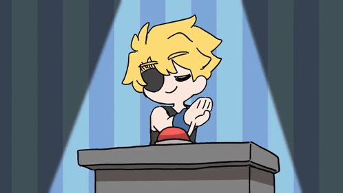 a cartoon character is sitting at a podium with a red button