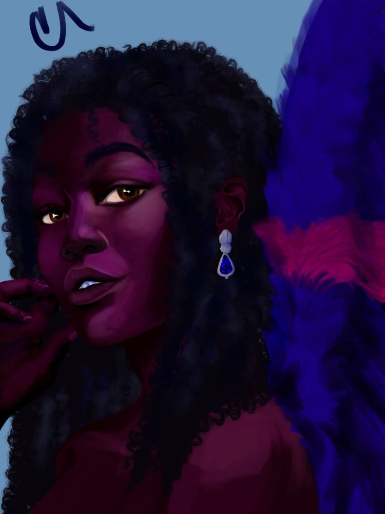 A portrait of a darkskinned angel with brown eyes and black hair looking at the viewer. Her wings are partially in view and are deep blue with a stripe of fuschia. She wears a sapphire earring.