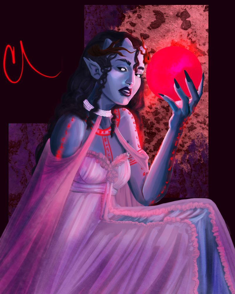 A hexblood woman with blue skin, horns, and dark curling hair sits and stares into a red orb in her hand. She wears a rope of white braid around her throat and a pink ruffled dress with an empire waist. Red tattoos line her collarbones and extend down her chest and arms.