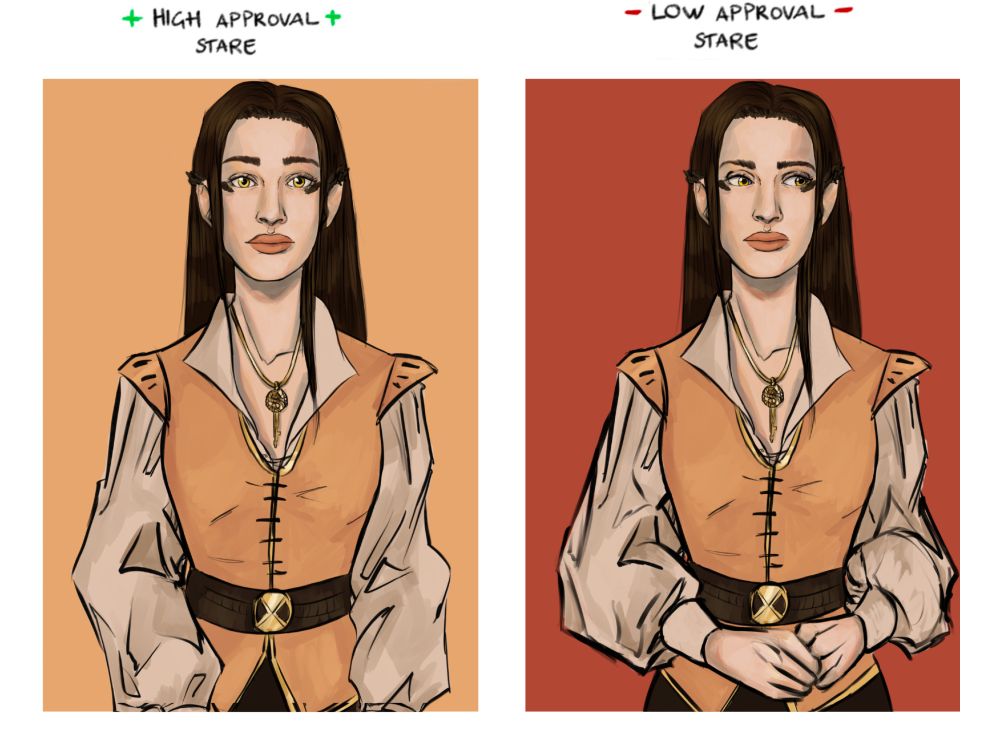 Two images of my OC, Sparrow, a plumekith nephilim from pathfinder wrath of the righteous. She has long brown hair, golden eyes, and feathers growing on her ears and hairline.
The left image is labeled 'high approval stare', where she looks at the viewer with a soft neutral expression, her body relaxed. The right image is labeled 'low approval stare' where she looks to the side instead of at the viewer, and is holding her hands folded in front of her.
