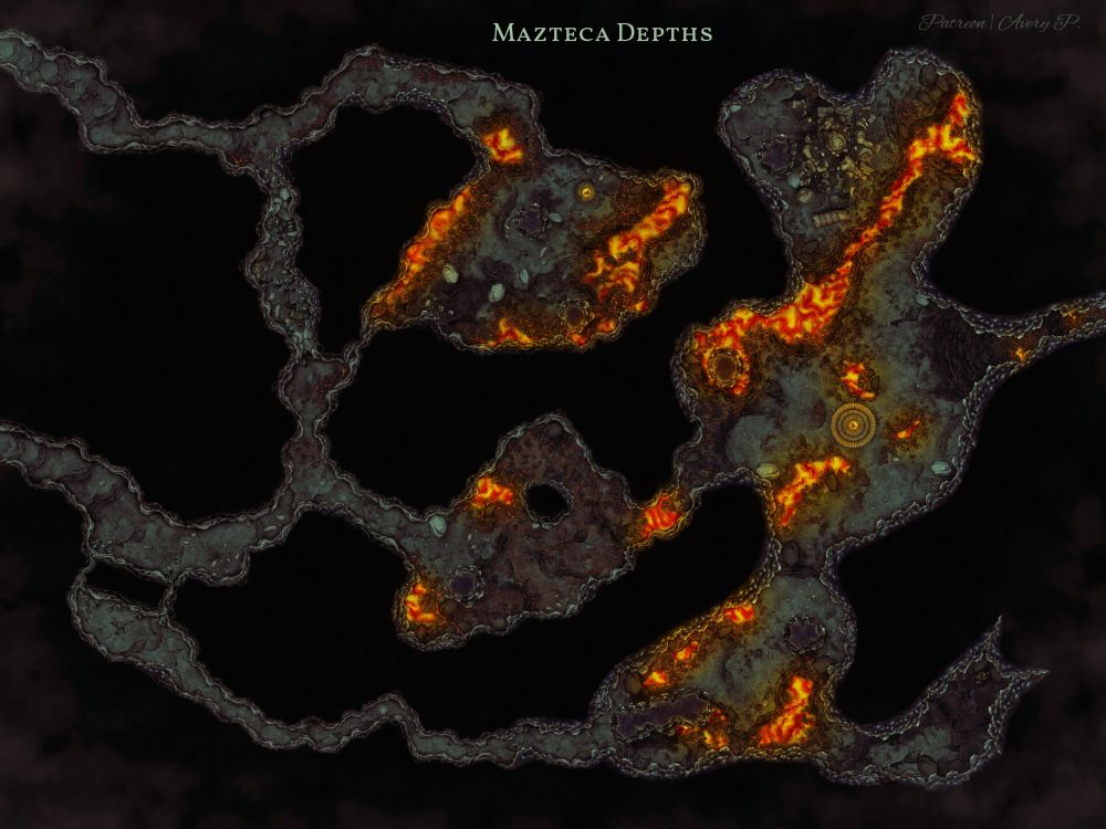 Mazteca Depths is the end of the dungeon and reaches closer to the heart of the volcano itself. Geological activity here is high, and the volcano's rumbling can sometimes cause cave-ins. There are two magic glowing orbs in this section of the dungeon that collects energy from the heat and trembling of the volcano, and can bestow immense boons to the party that collects them. However, collecting the energy held within these orbs will also cause the volcano to become unstable, and the party will have to race against time to escape the dungeon as lava begins to flow out from the eastern-most tunnel.