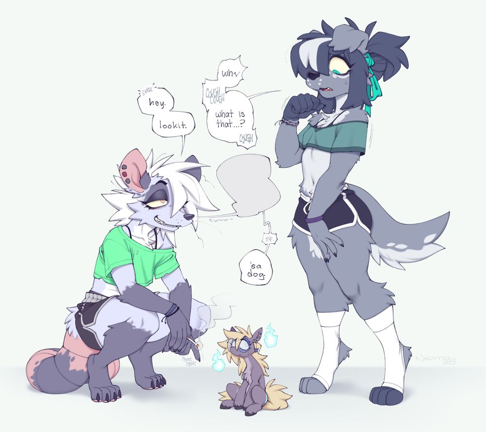 a drawing of three funny little characters (one is especially little) - a dog, a small horse, and a    goblin of some sort. two of them are marveling at how small the horse is. the horse looks Perturbed and Smalled
