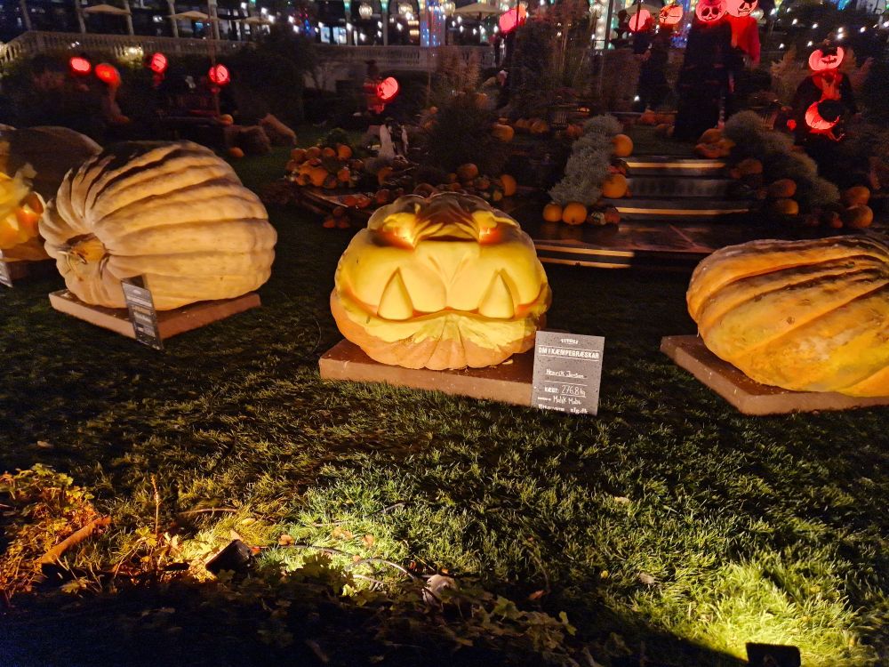 Carved and illuminated giant Halloween pumpkins exibited in front of Nimb in the Tivoli Gardens in Copenhagen, Denmark.
