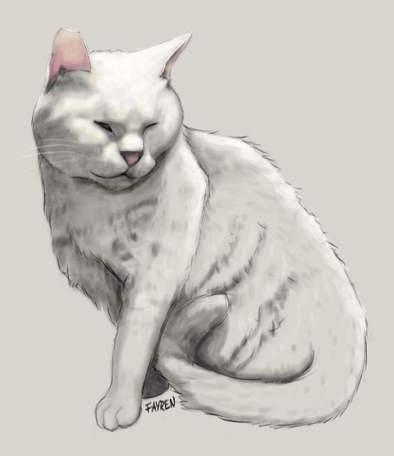 A digital drawing depicting a white cat sitting with their eyes closed, looking serene.