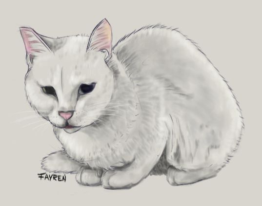 A digital drawing of a white cat huddled on the ground, looking at the viewer. Their eyes are different colours. Their tongue is slightly out.
