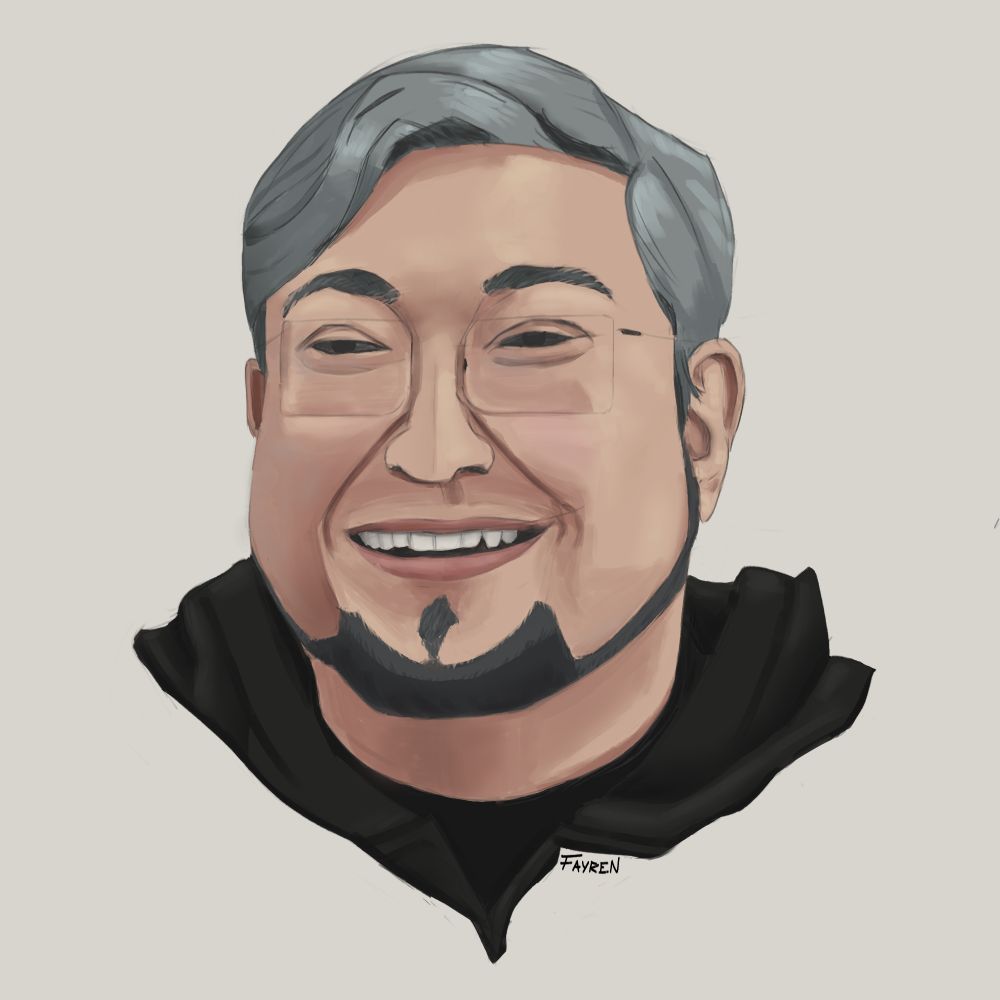 A digital drawing of a smiling man's face. He has grey hair and dark grey beard.