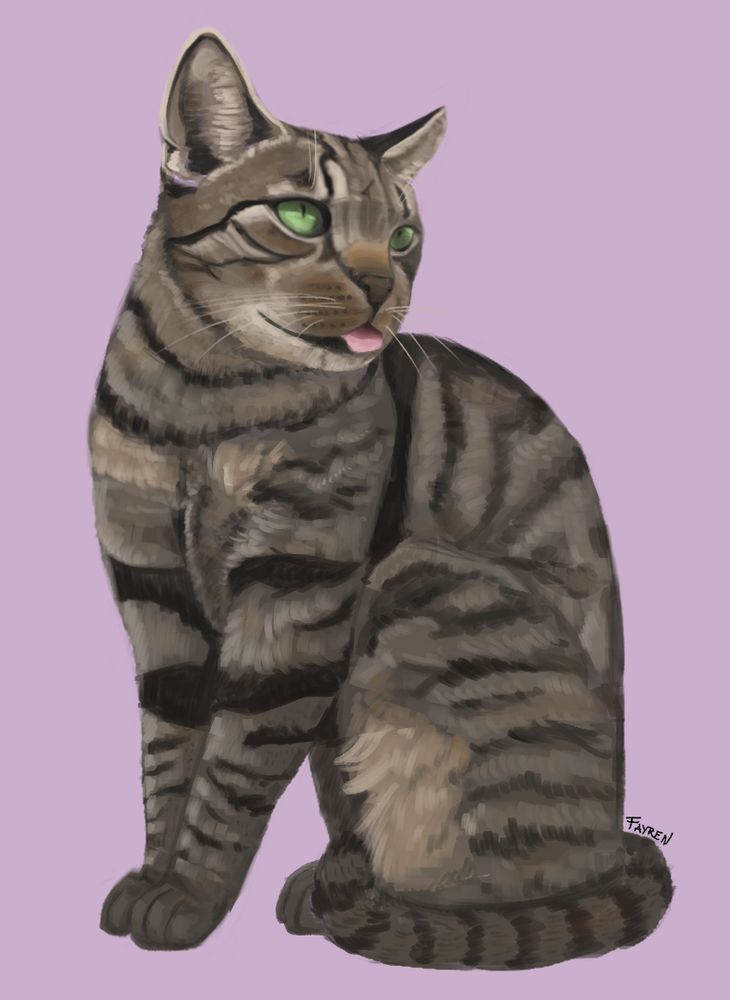 A digital drawing of a bleping tabby cat, sitting and looking to the side. They have bright green eyes.