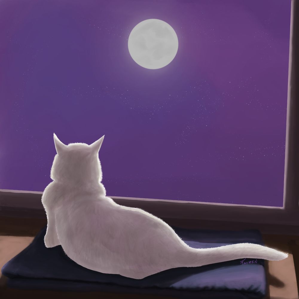 A digital painting of a white cat laying down on their side on a dark blue blanket on top of a windowsill, cat and its surroundings lit fiercely by bright light. Only the back of the cat is visible. Instead, we can see a full moon in a violet sky.