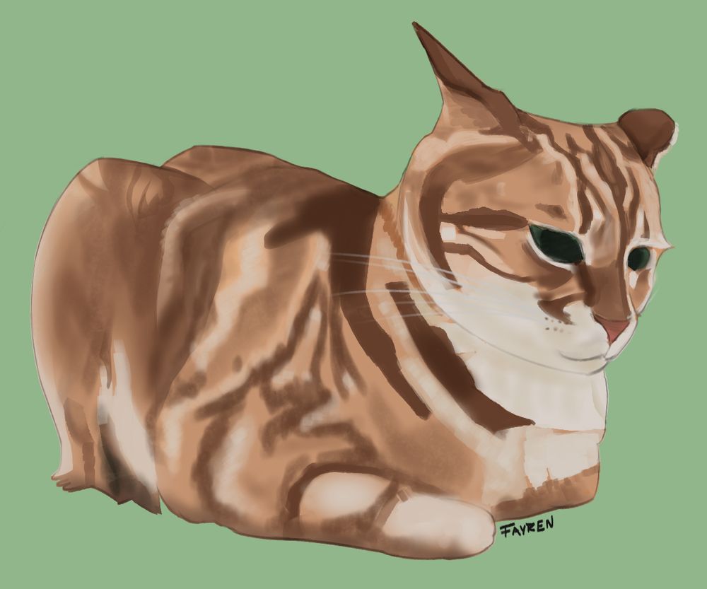 Digital drawing of an orange and white cat laying down in a tactical loaf position. He's looking down with his ears back.