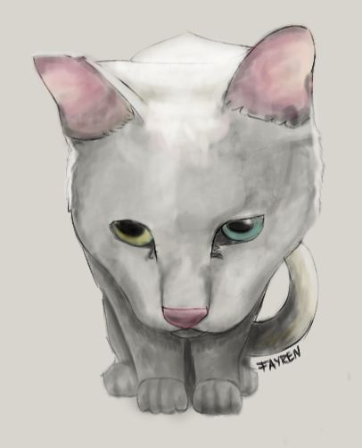 Digital drawing of a white cat, their head front and leaning close to the camera, but looking off to the side.