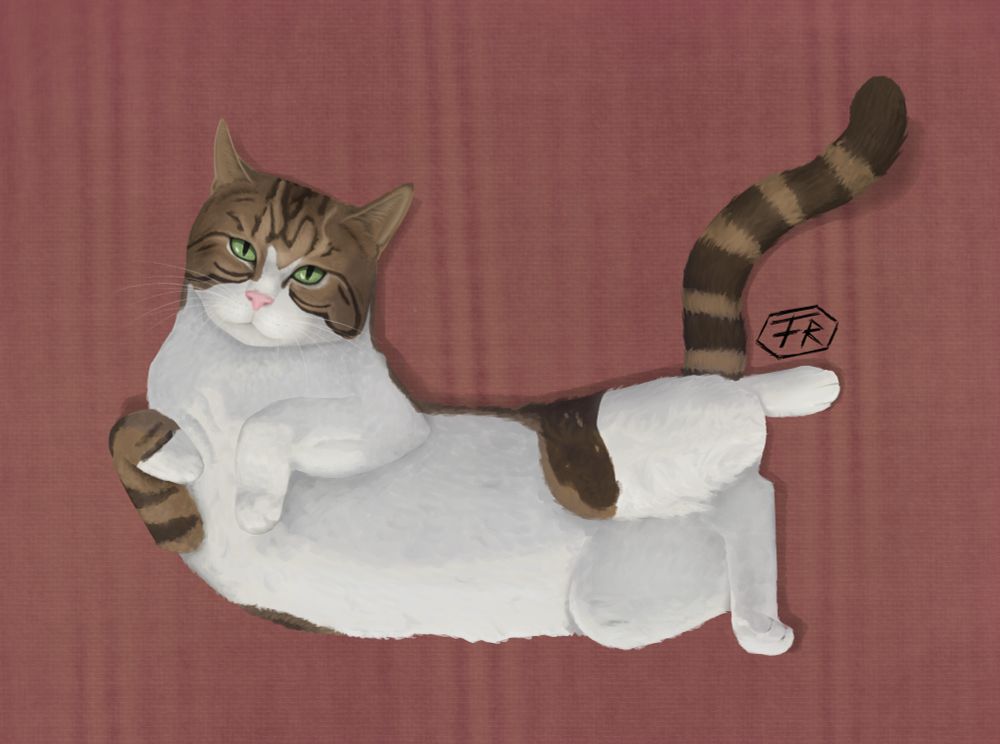 A digital painting of a white and brown cat with green eyes, staring at the viewer with a calm expression. She is laying on her back with her paws in the air, belly exposed.