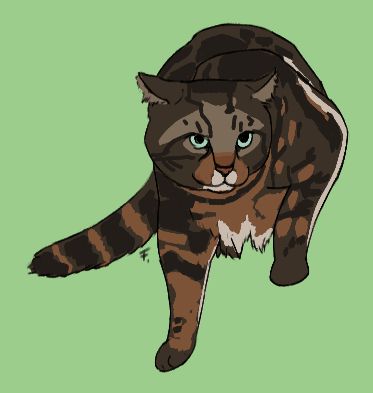 A digital drawing depicting a strangely patterned brown cat with their ears back.