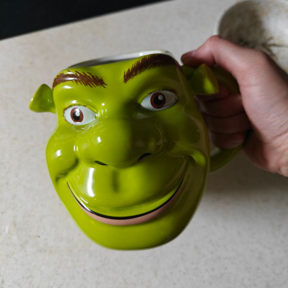 a big mug shaped like shrek's head
