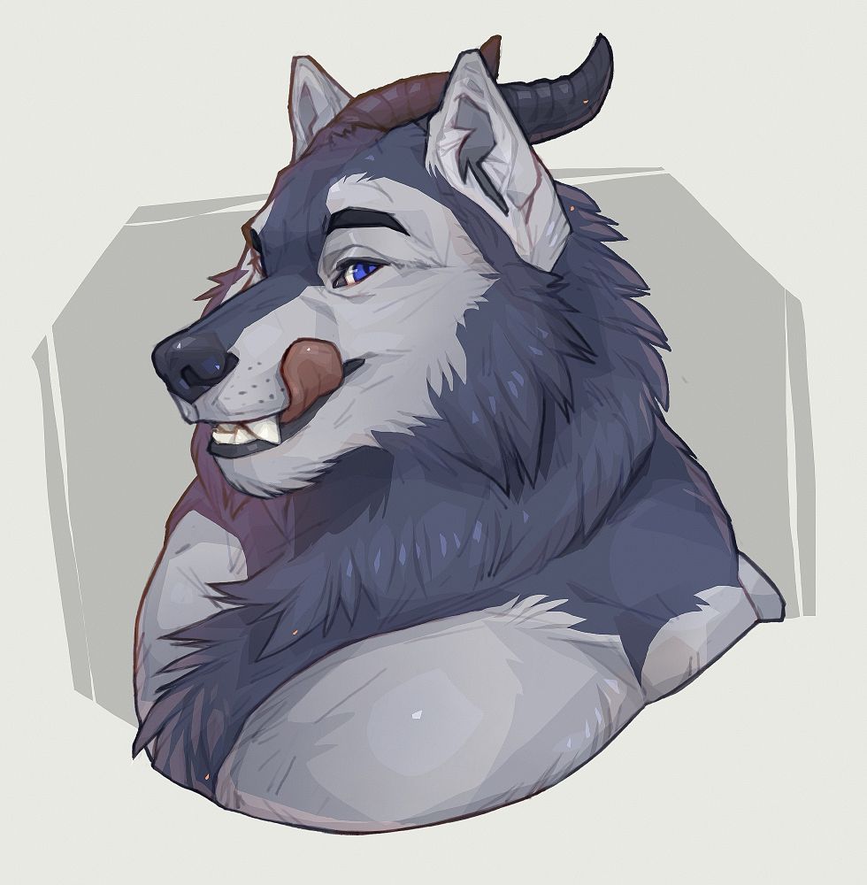 A dragon wolf hybrid with grey and bluish fur, blue eyes, and black medium size curved horns, facing towards the left with their head turned towards the viewer. He is licking the side of his muzzle, with a smile/smirk on his face.