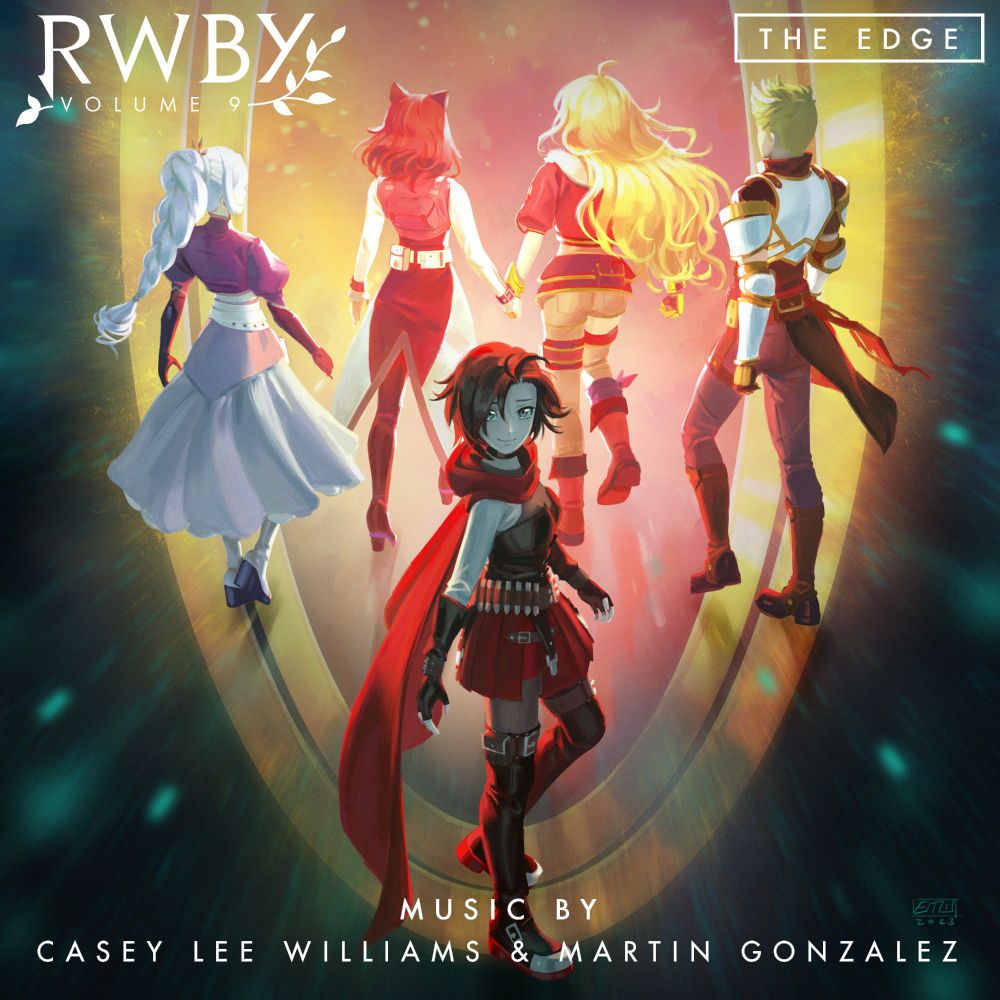 The characters Weiss Schnee, Blake Belladonna, Yang Xiao Long, and Jaune Arc walking towards an oval shaped portal, faces obscured. Ruby Rose is posed mid-turn, looking towards the viewer with a relieved expression on her face.