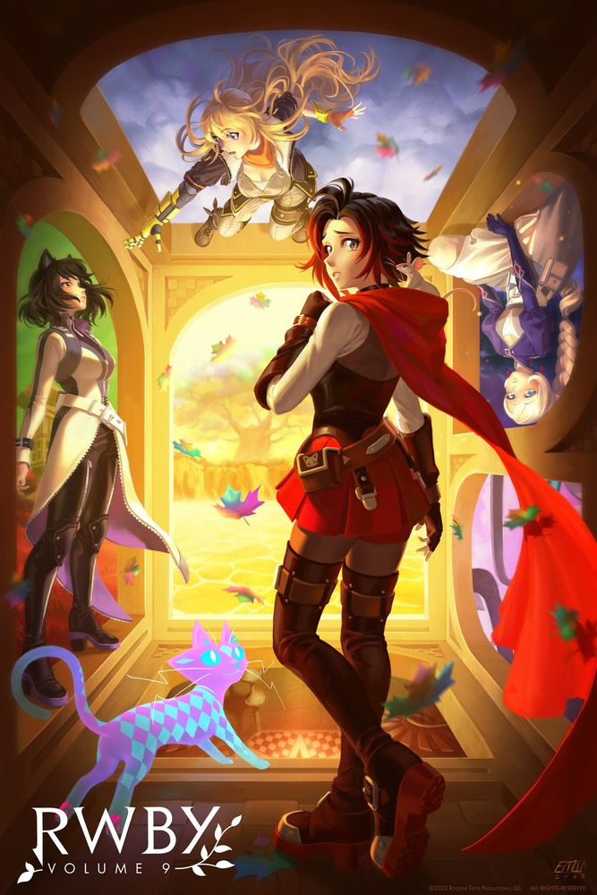 The characters Ruby Rose, Weiss Schnee, Blake Belladonna, and Yang Xiao Long in an Escher-esque landscape. Ruby looks nervously past her shoulder and the viewer, with a curious cat looking up at her.