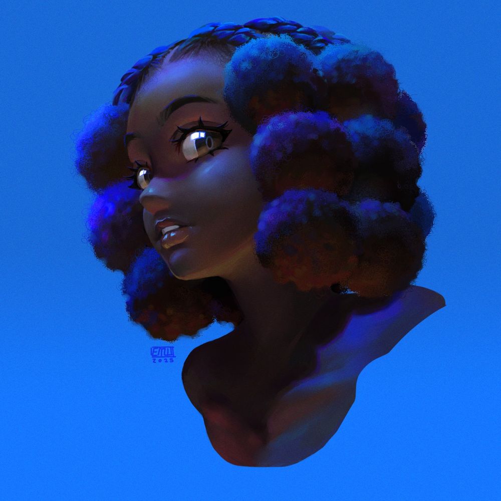 An anime-styled portrait of a girl with a Tanavoho hairstyle against a blue background