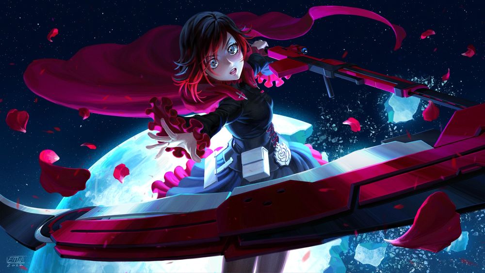Anime character Ruby Rose wielding her weapon Crescent Rose, swinging it towards the viewer. Posed in front of a broken moon and surrounded by floating rose petals.