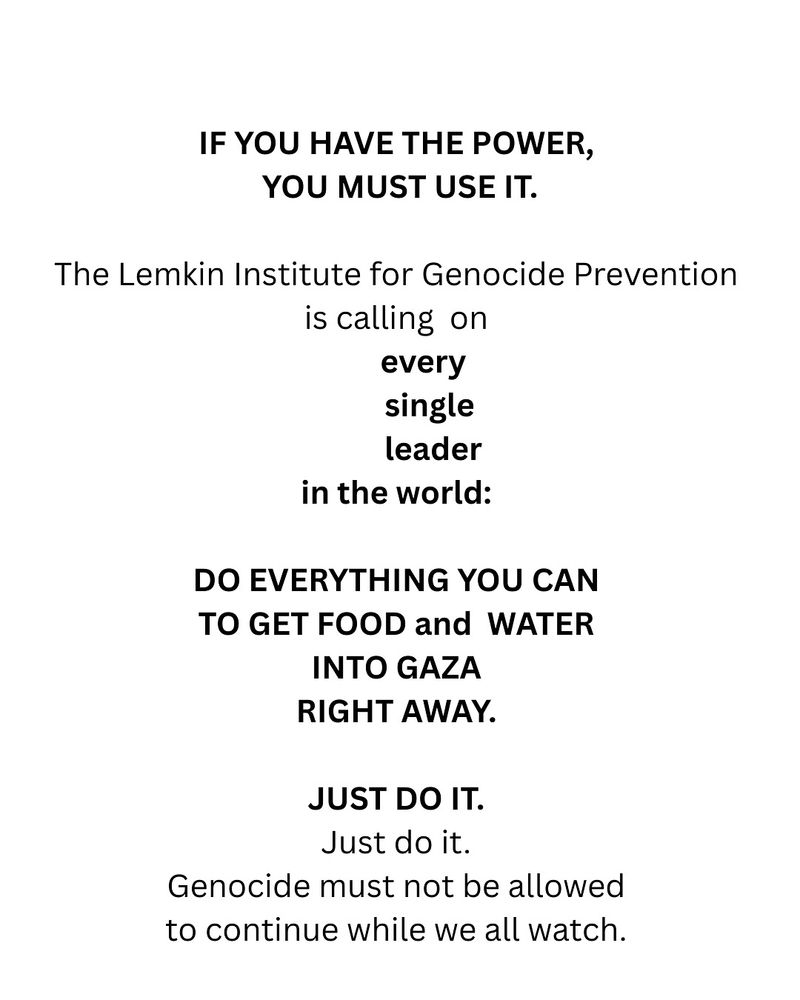 IF YOU HAVE THE POWER, 
YOU MUST USE IT.

The Lemkin Institute for Genocide Prevention 
is calling  on 
       every 
         single 
          leader 
in the world: 

DO EVERYTHING YOU CAN 
TO GET FOOD and  WATER 
INTO GAZA 
RIGHT AWAY. 

JUST DO IT. 
Just do it. 
Genocide must not be allowed 
to continue while we all watch. 
