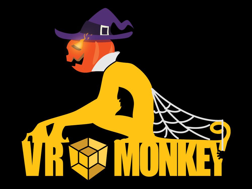 A drawing from a monkey wearing a witch hat and a pumpkin head and with a spider web on its back; the monkey is seated on the words ''VR'' ''MONKEY'', separated by a cube.
