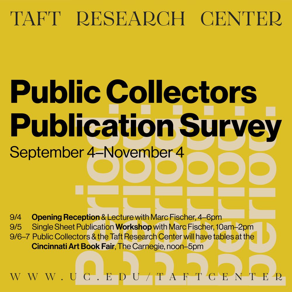 yellow poster with event information with the word period repeated in the background