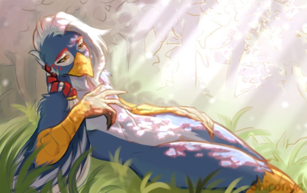 an anthro bird character laying on grass. With sun rays coming through trees.